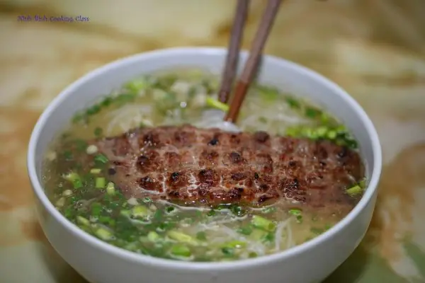 Grilled pork with rice noodle soup made at a Ninh Binh cooking class